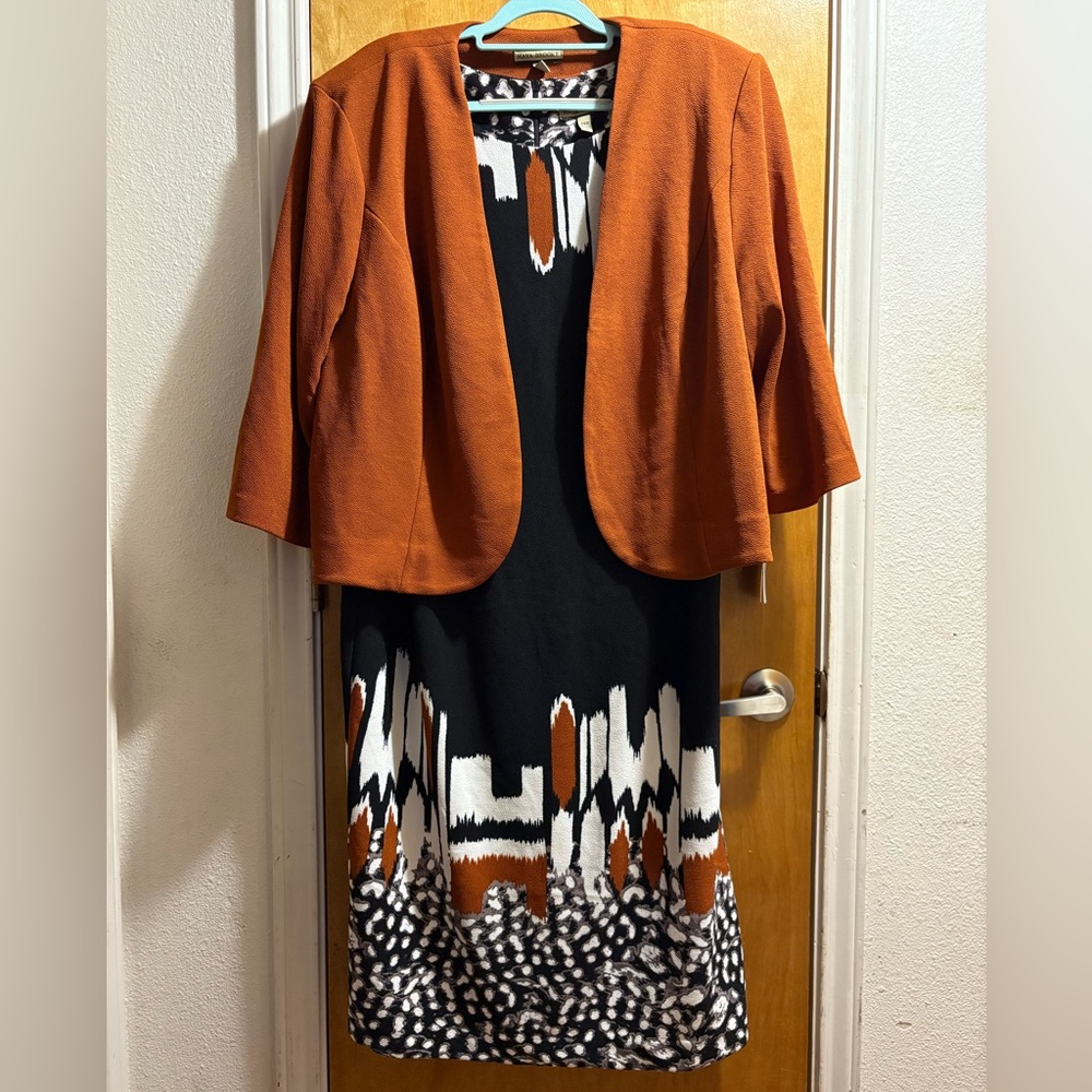 Chic Rustic Orange Cardigan with Black Patterned Dress